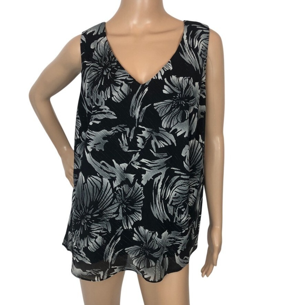Alex Evenings Tank Top Size 1X Metallic Floral Print V-Neck‎ Shirt Dressy Office